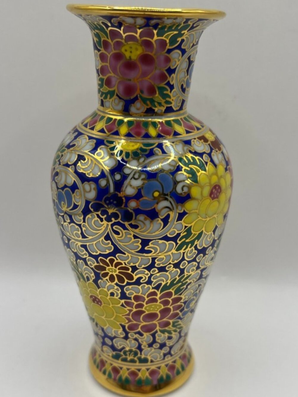 Vtg Cloisonné Enamel Gold Gilded Floral Vase 6" MINT